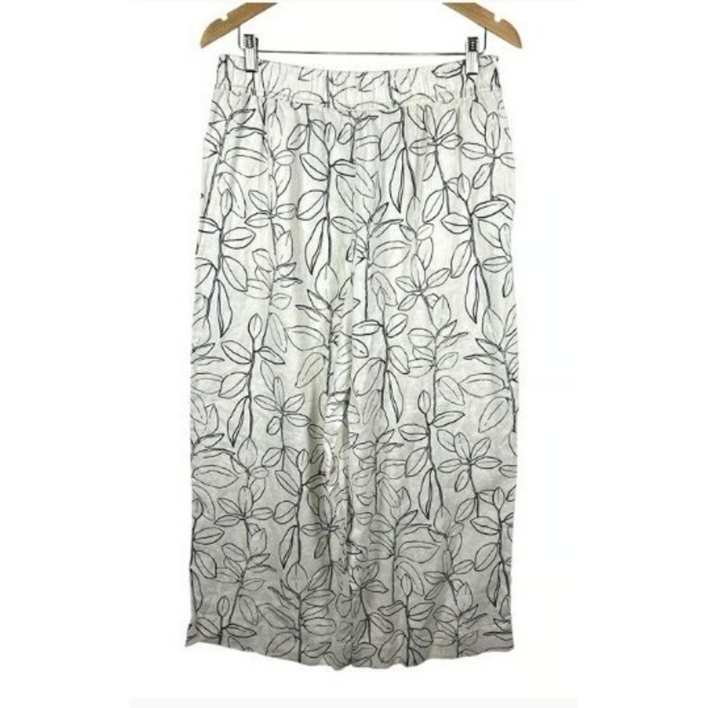 Cynthia Rowley 100%‎ Linen Wide Leg Crop Pants Leaf Botanical Print White Boho L - Picture 2 of 6